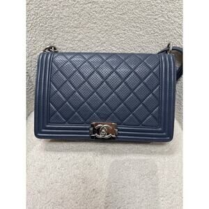 Chanel Boy Bag Medium Perforated Navy Blue Calfskin Leather with Silver Hardware